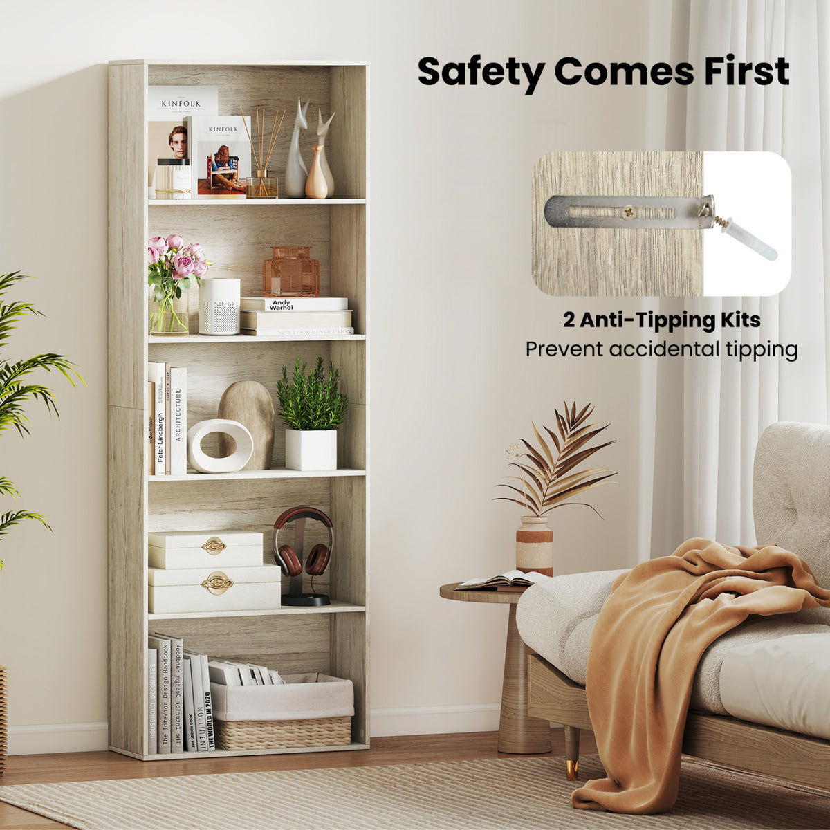 5-Tier Bookshelf Freestanding Display Shelf for Home Office-Gray view 8