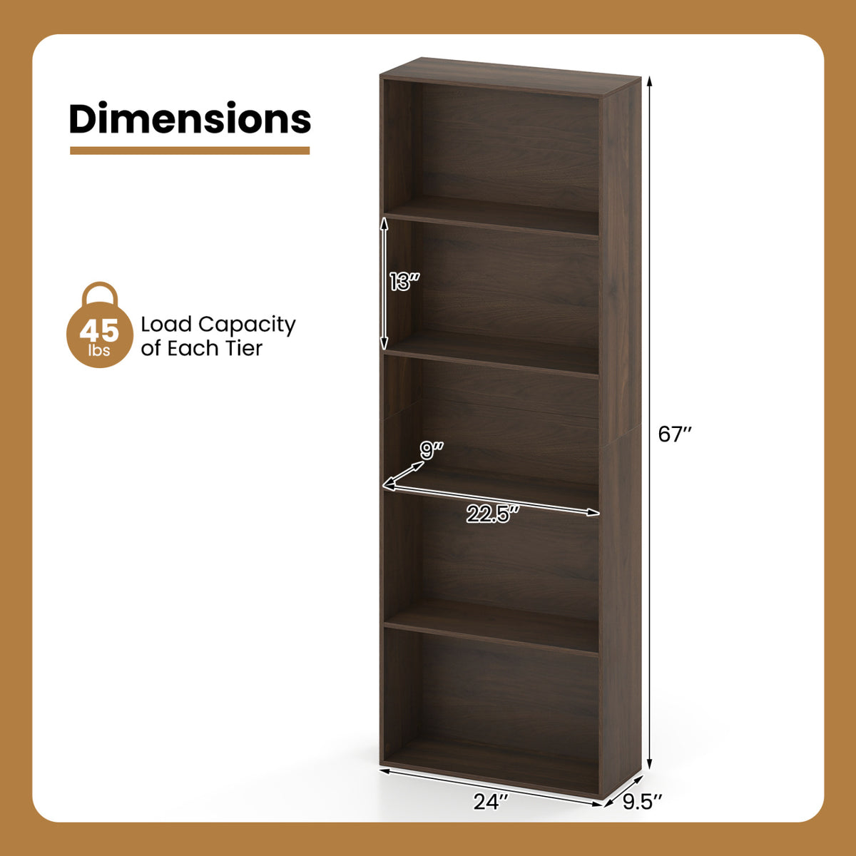 5-Tier Bookshelf Open Bookcase Freestanding Display Shelf Storage Organizer-Dark Walnut view 5