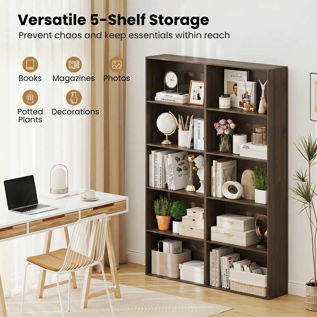 5-Tier Bookshelf Open Bookcase Freestanding Display Shelf Storage Organizer-Dark Walnut view 7