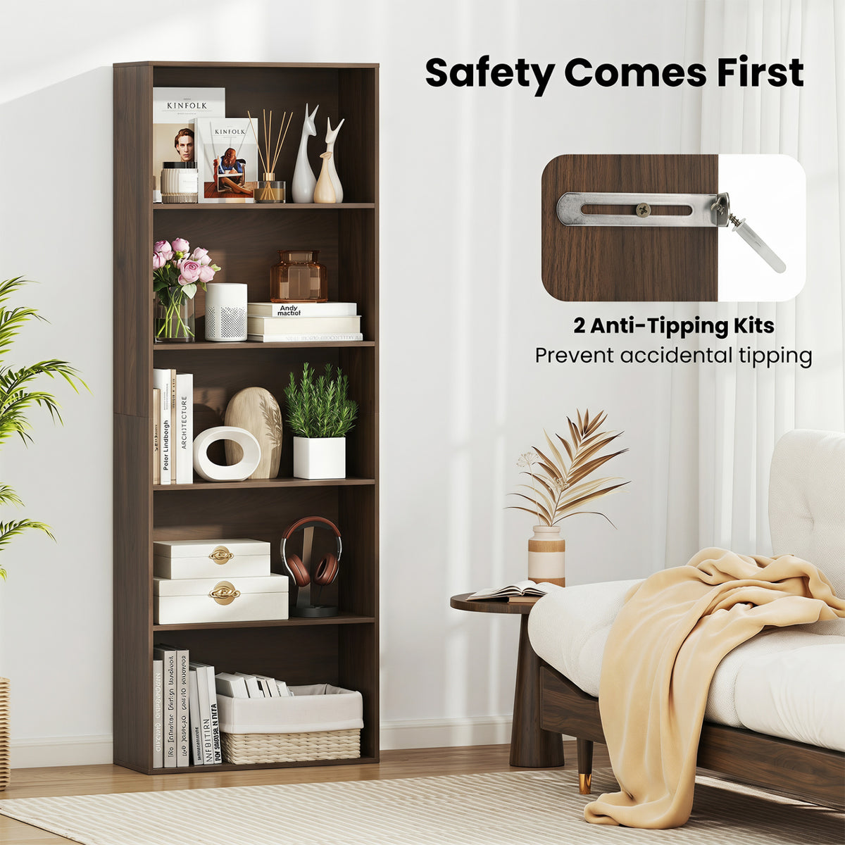 5-Tier Bookshelf Open Bookcase Freestanding Display Shelf Storage Organizer-Dark Walnut view 8