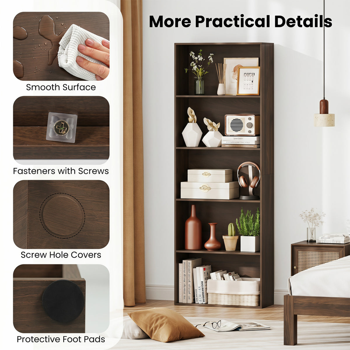 5-Tier Bookshelf Open Bookcase Freestanding Display Shelf Storage Organizer-Dark Walnut view 9