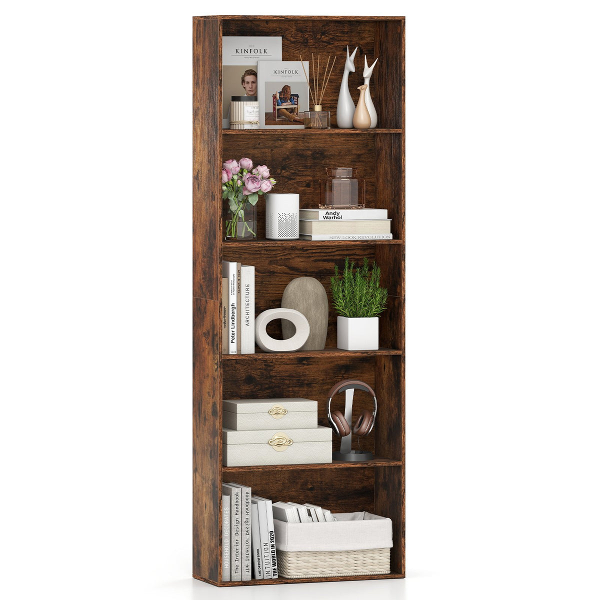 5-Tier Bookshelf Open Bookcase Freestanding Display Shelf Storage Organizer-Rustic Brown