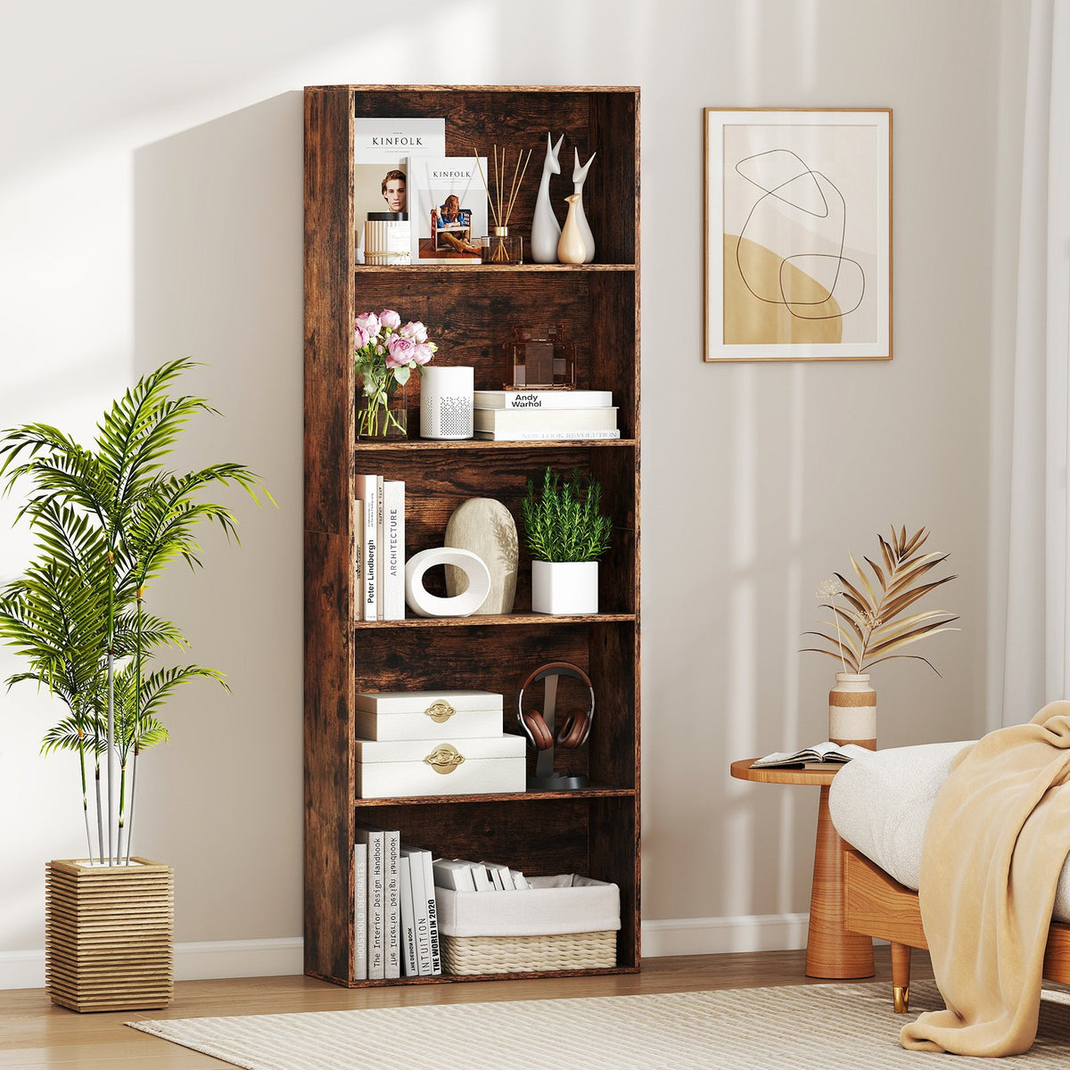 5-Tier Bookshelf Open Bookcase Freestanding Display Shelf Storage Organizer-Rustic Brown view 2