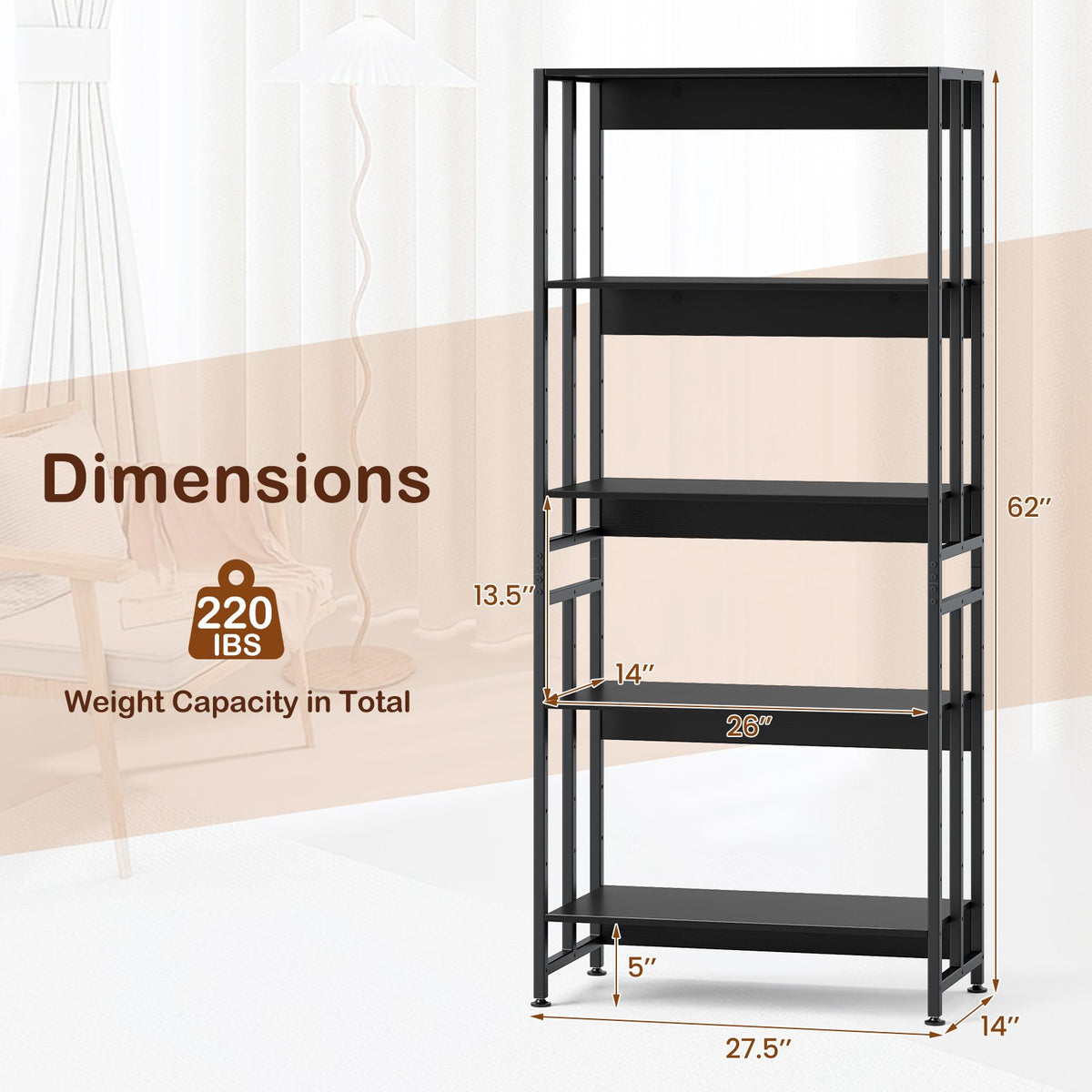 5-Tier Bookshelf with Adjustable and Tiltable Shelves-Black view 5