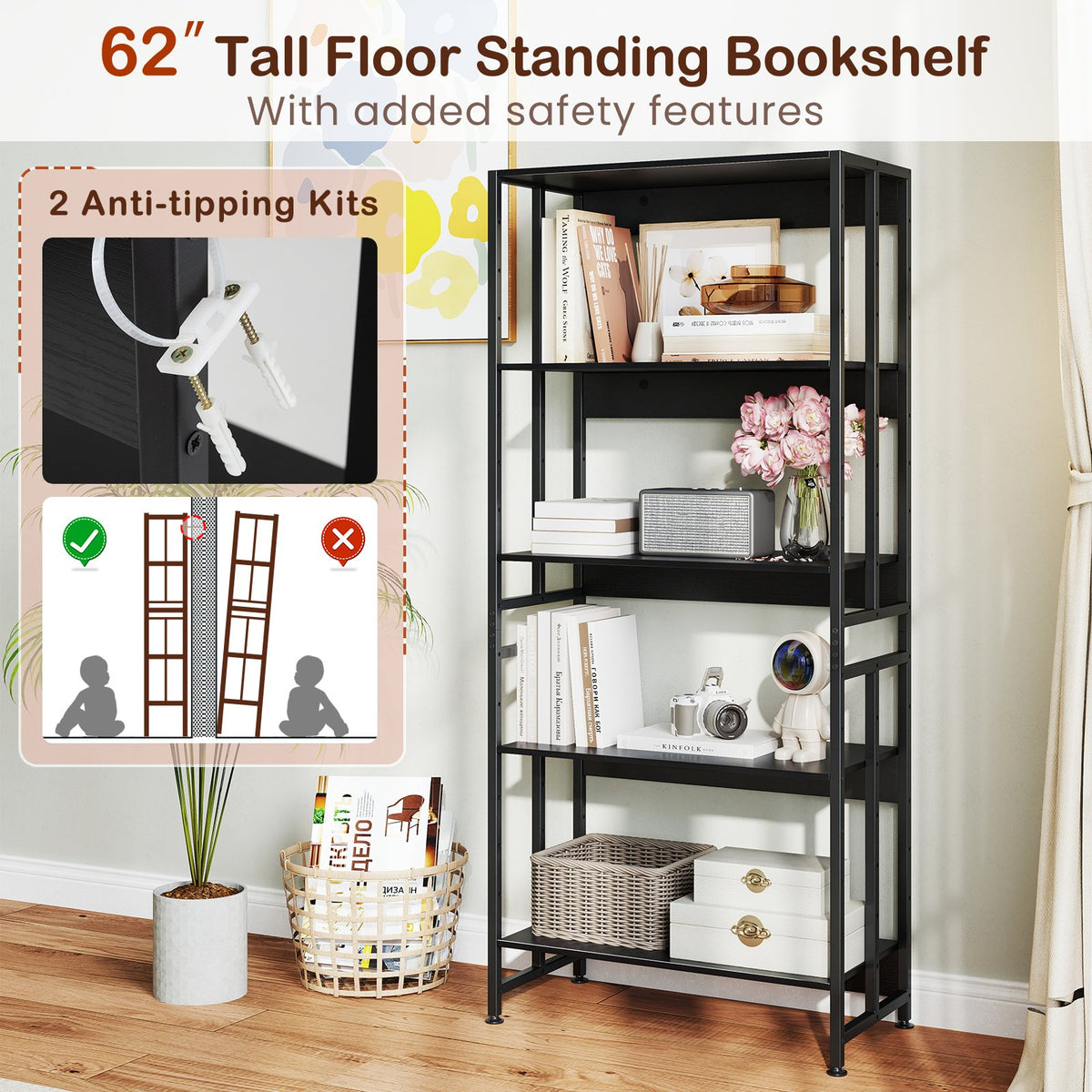 5-Tier Bookshelf with Adjustable and Tiltable Shelves-Black view 8