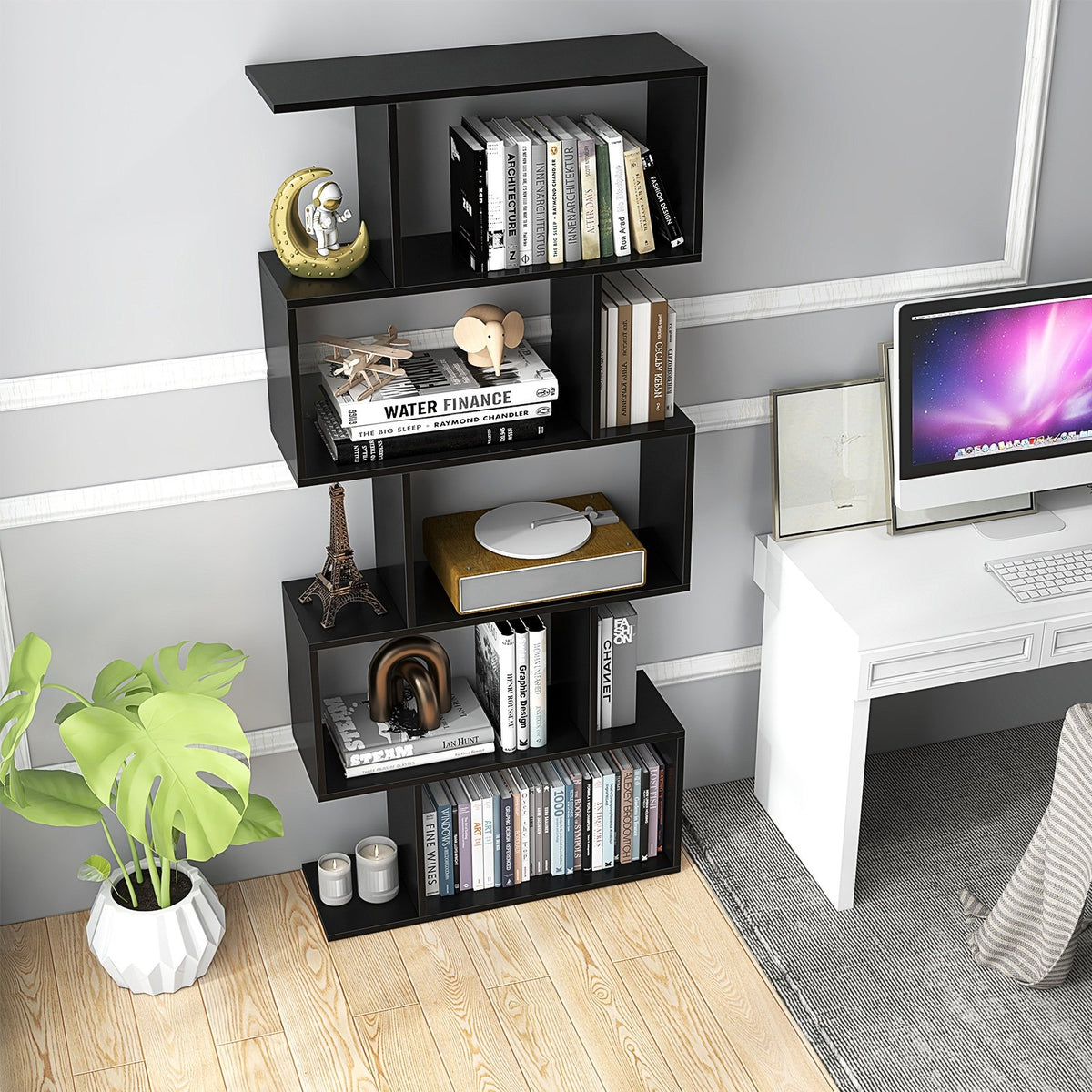 5-Tier Bookshelf with Anti-Toppling Device for Living Room Home Office-Black view 2