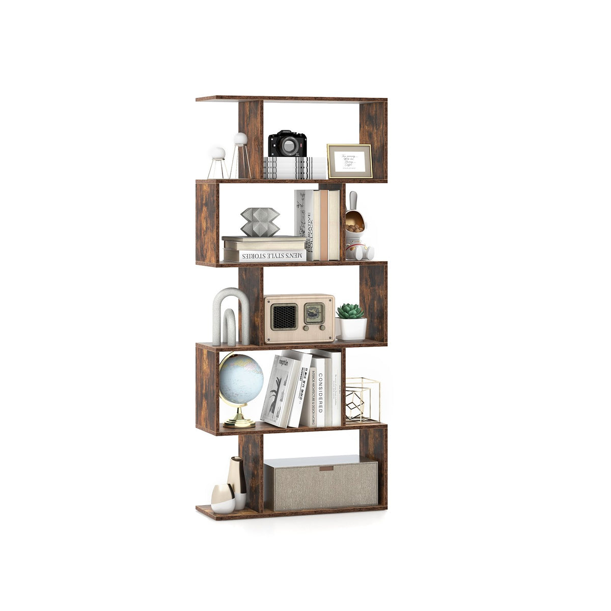 5-Tier Bookshelf with Anti-Toppling Device for Living Room Home Office-Rustic Brown view 4