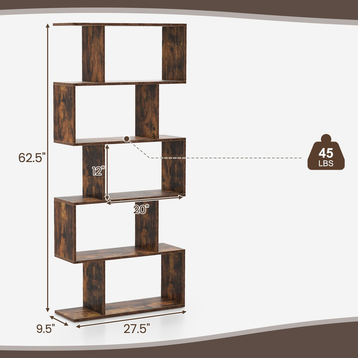 5-Tier Bookshelf with Anti-Toppling Device for Living Room Home Office-Rustic Brown view 5