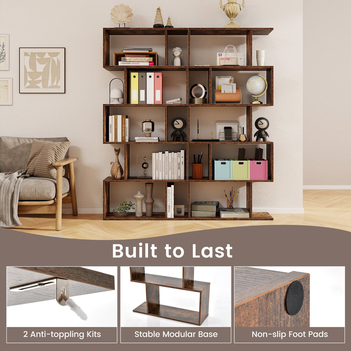 5-Tier Bookshelf with Anti-Toppling Device for Living Room Home Office-Rustic Brown view 6