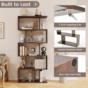 5-Tier Bookshelf with Anti-Toppling Device for Living Room Home Office-Rustic Brown view 8