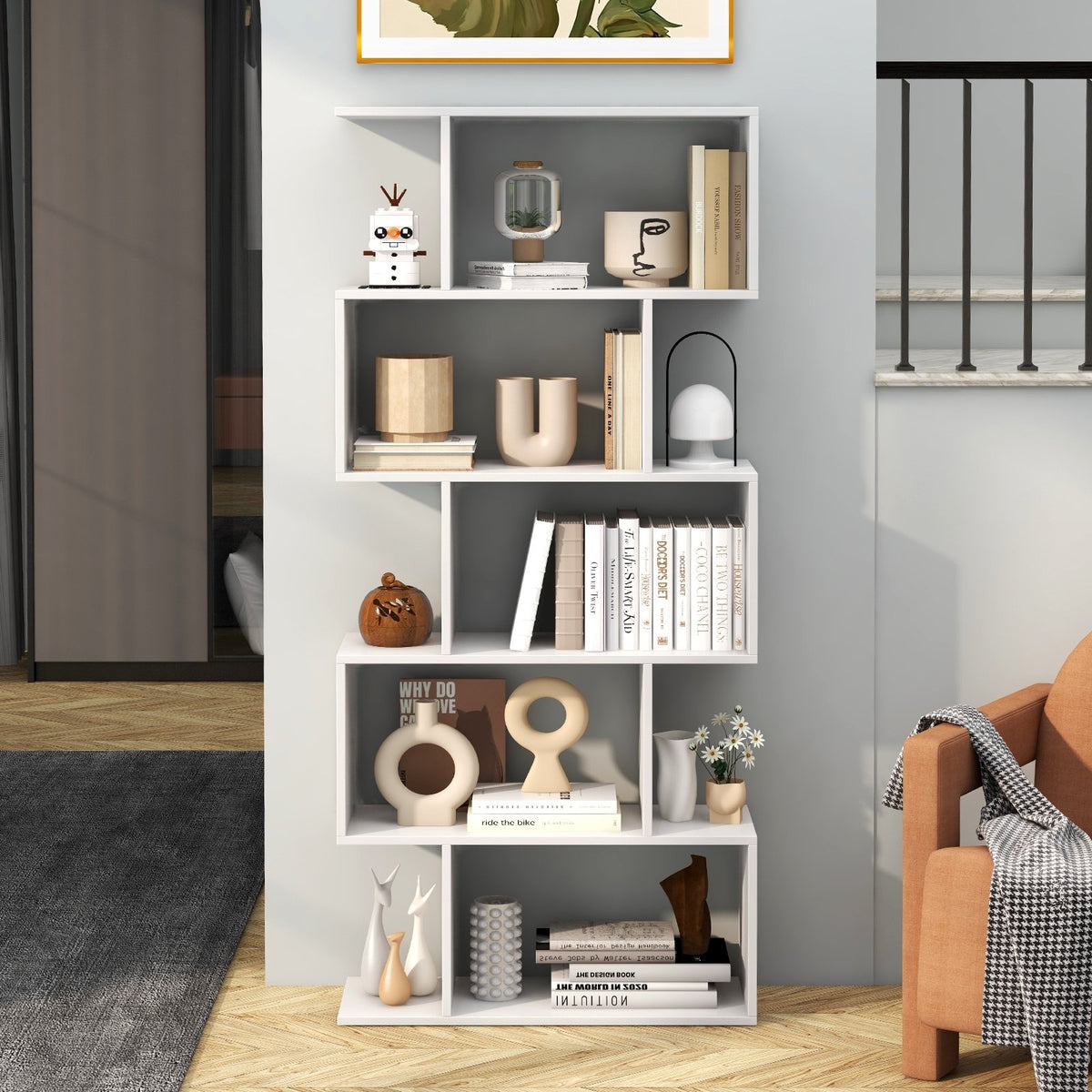 5-Tier Bookshelf with Anti-Toppling Device for Living Room Home Office-White view 2