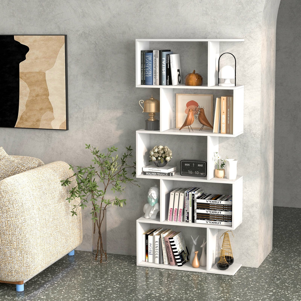 5-Tier Bookshelf with Anti-Toppling Device for Living Room Home Office-White view 3