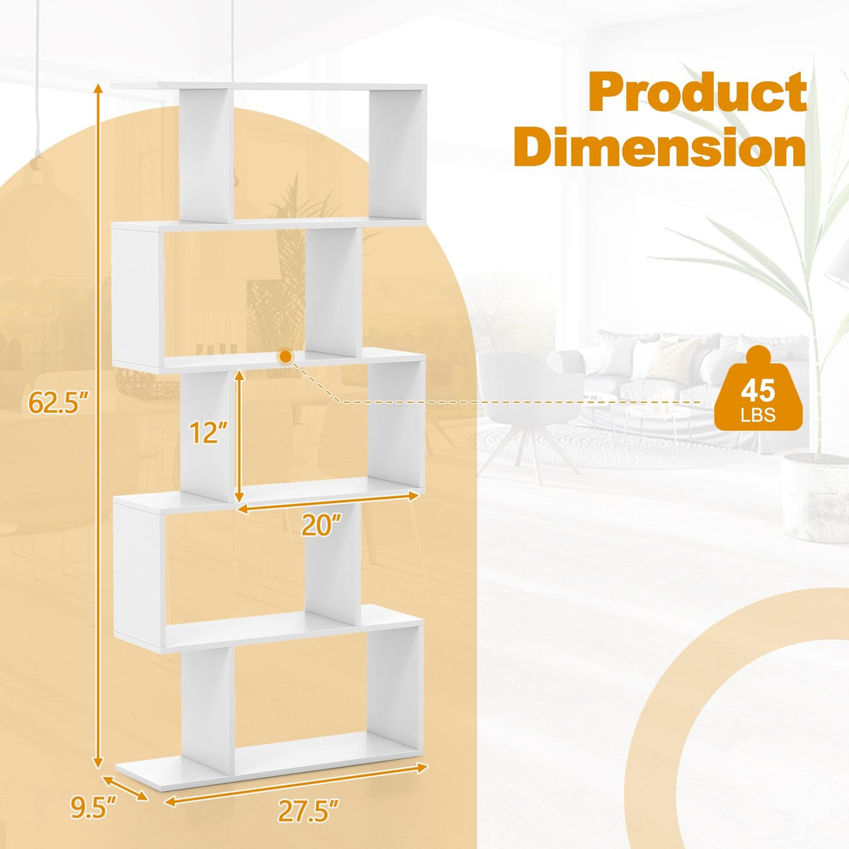 5-Tier Bookshelf with Anti-Toppling Device for Living Room Home Office-White view 5
