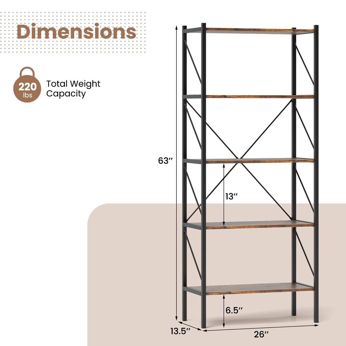 5-Tier Bookshelf with Open Shelves and Heavy Duty Metal Frame-Rustic Brown view 5
