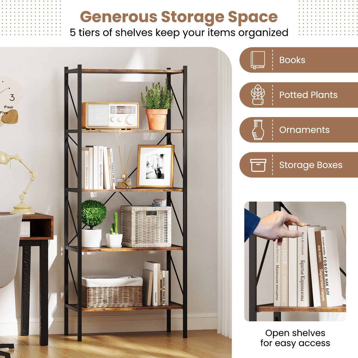 5-Tier Bookshelf with Open Shelves and Heavy Duty Metal Frame-Rustic Brown view 7