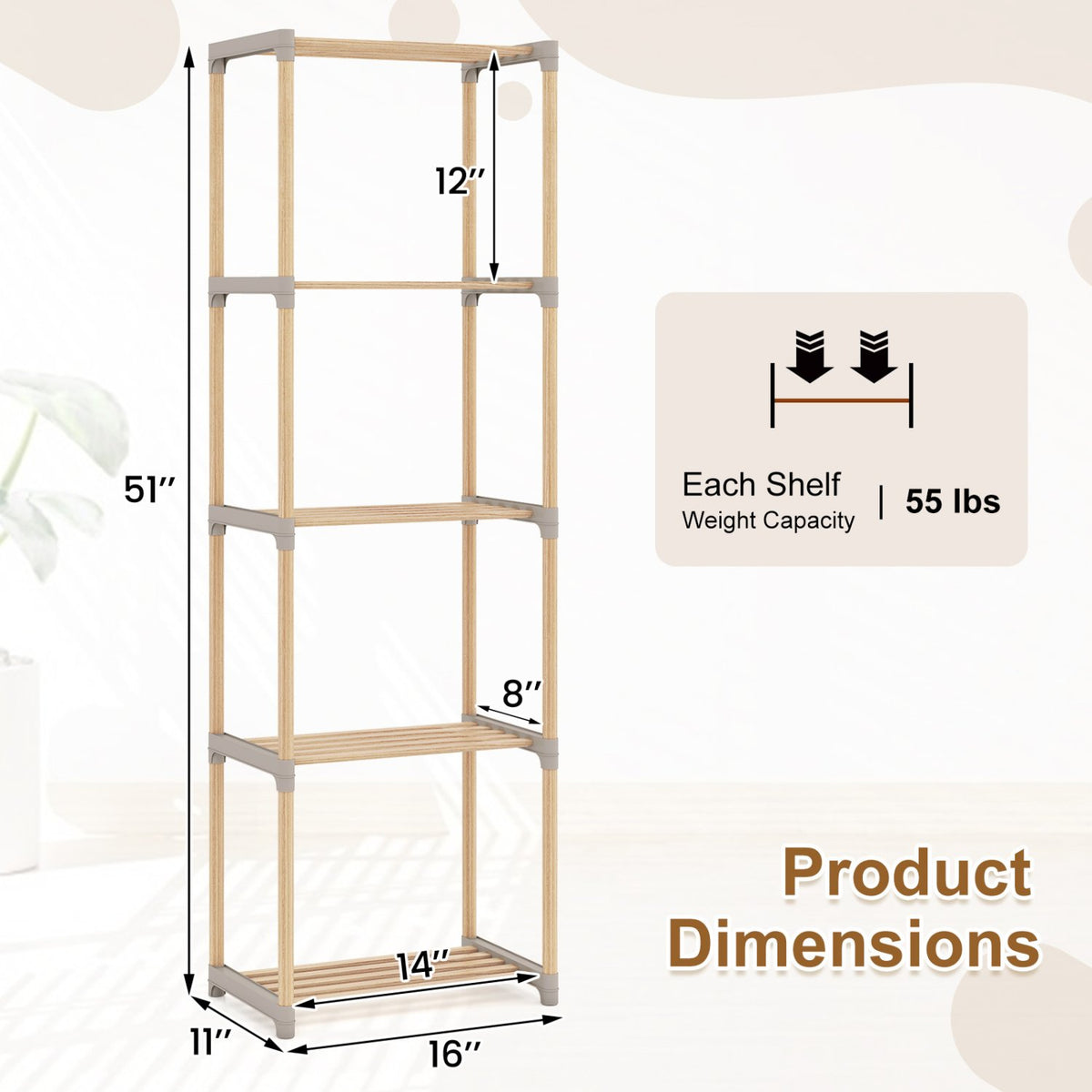 5-Tier Bookshelf with Open Shelves for Home Office and Bathroom-5-Tier view 5