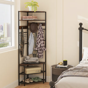 5-Tier Corner Hall Tree with Shoe Storage Bench-Rustic Brown view 3