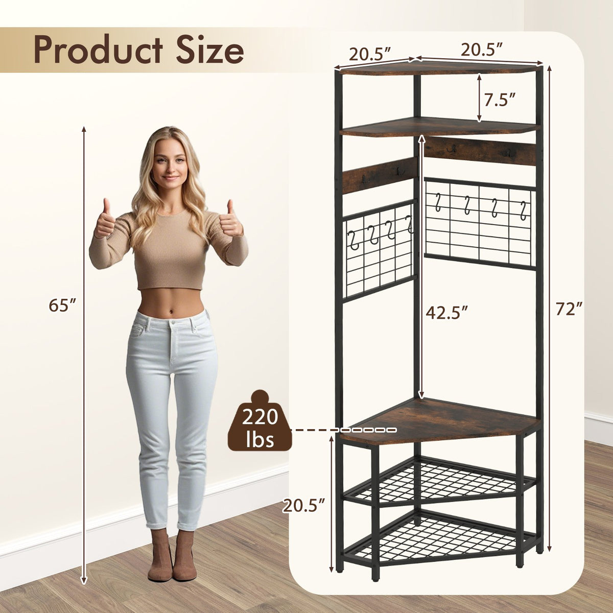 5-Tier Corner Hall Tree with Shoe Storage Bench-Rustic Brown view 5