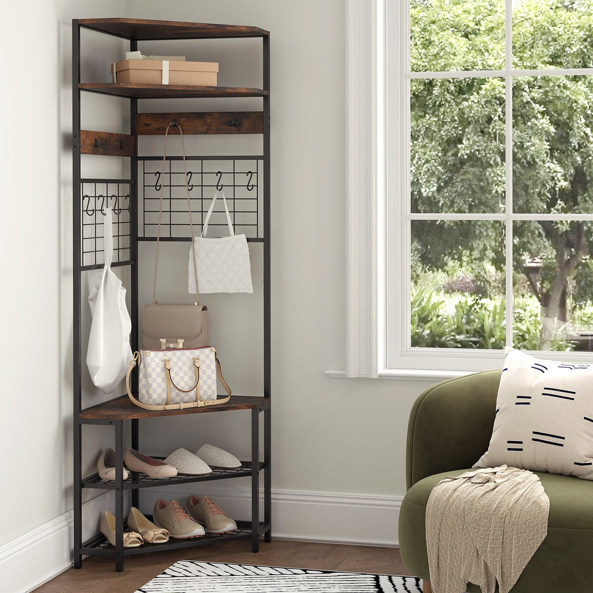 5-Tier Corner Hall Tree with Shoe Storage Bench-Rustic Brown view 6