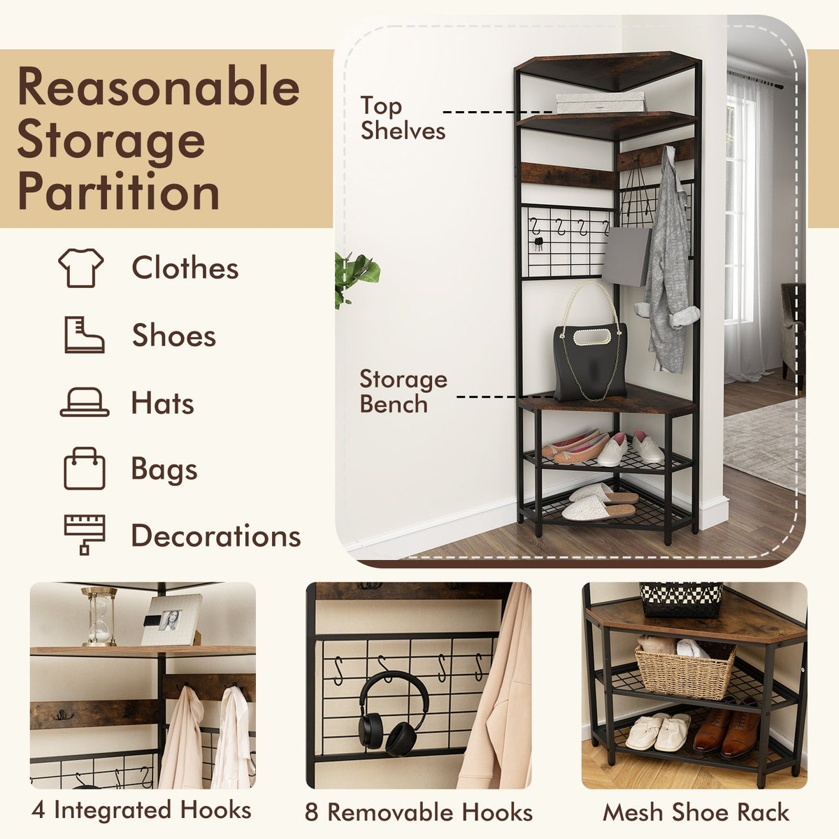 5-Tier Corner Hall Tree with Shoe Storage Bench-Rustic Brown view 8
