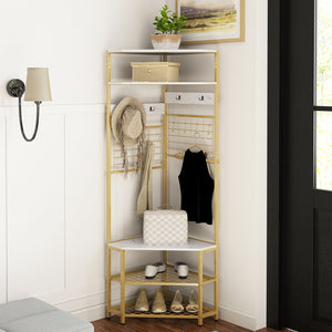 5-Tier Corner Hall Tree with Shoe Storage Bench-White view 2