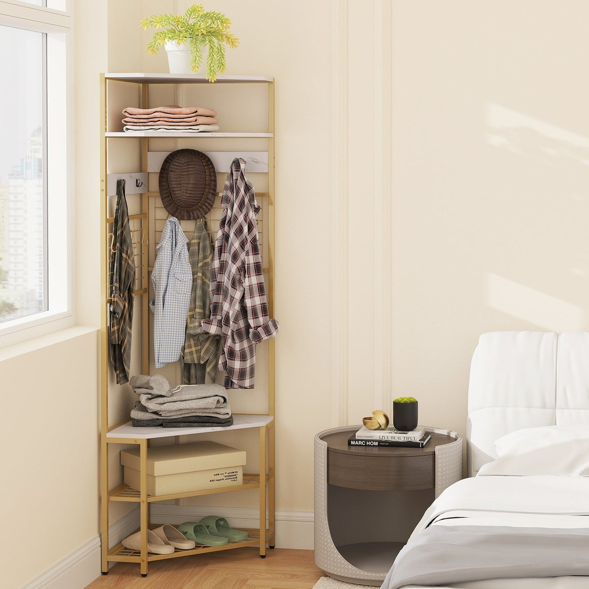 5-Tier Corner Hall Tree with Shoe Storage Bench-White view 3