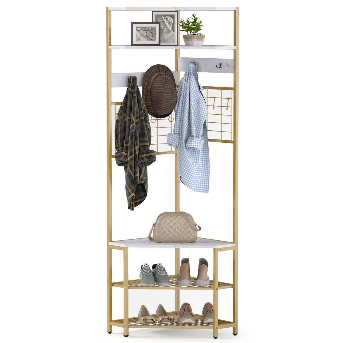 5-Tier Corner Hall Tree with Shoe Storage Bench-White view 4
