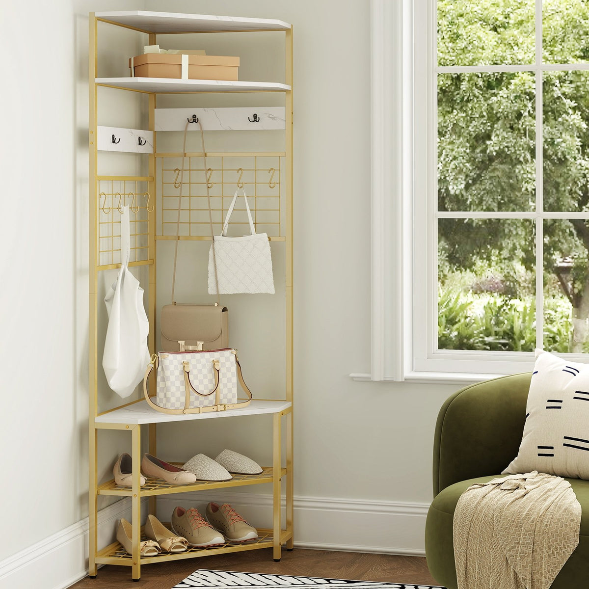 5-Tier Corner Hall Tree with Shoe Storage Bench-White view 6