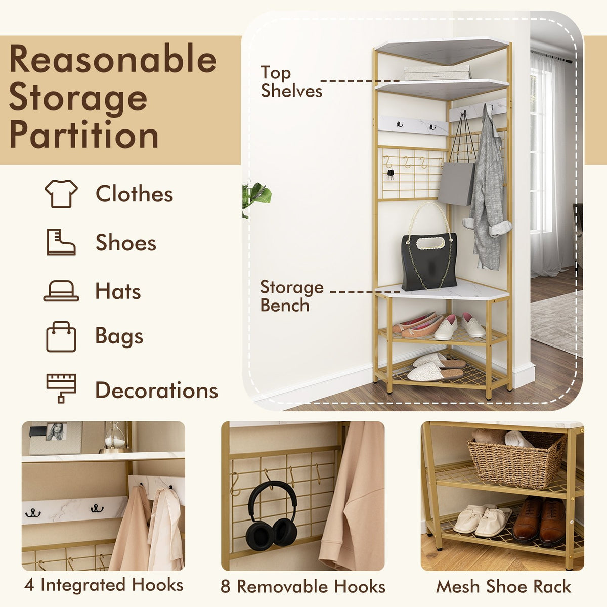 5-Tier Corner Hall Tree with Shoe Storage Bench-White view 8