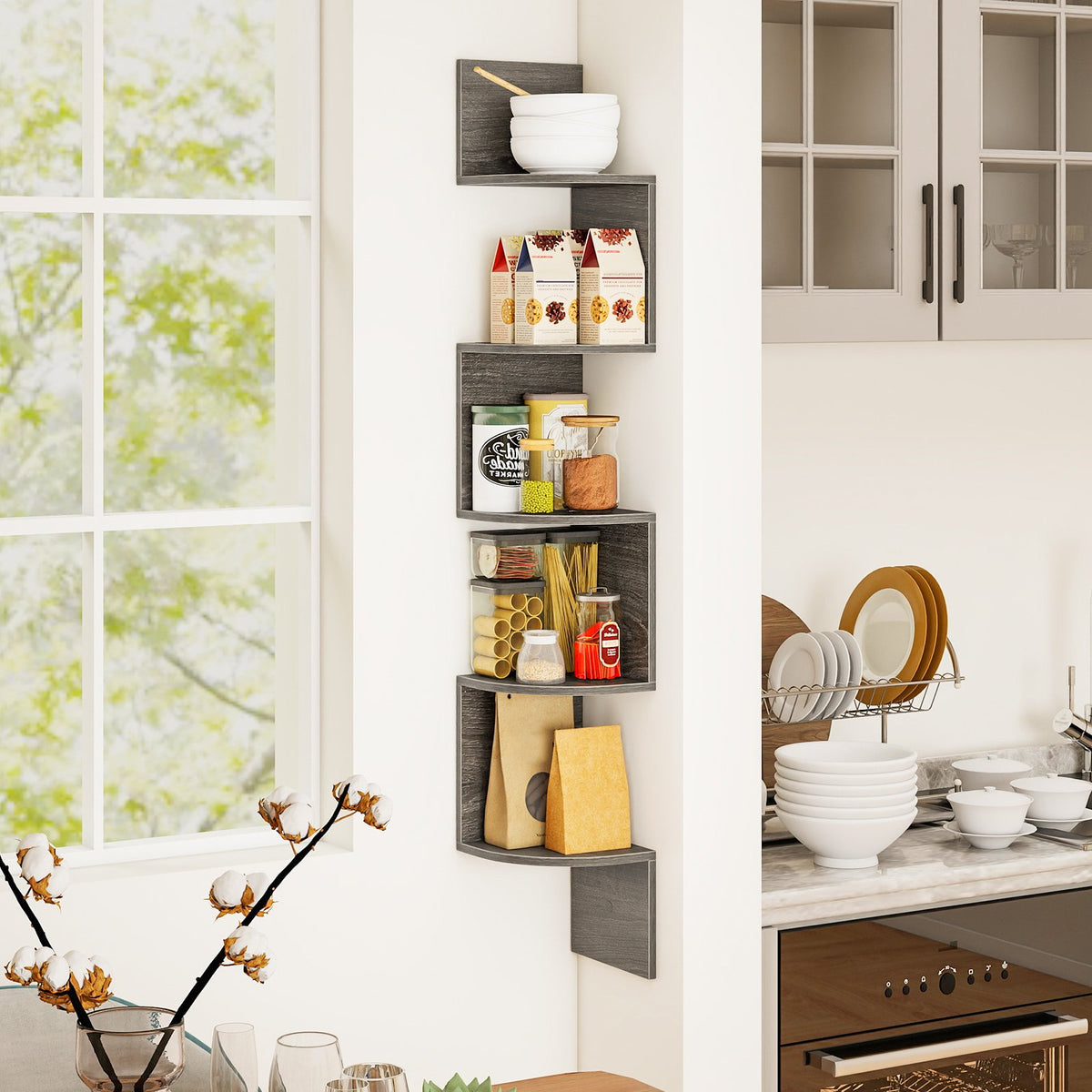 5-Tier Corner Shelf Floating Bookshelf Wall Mounted Storage Organizer-Oak view 2