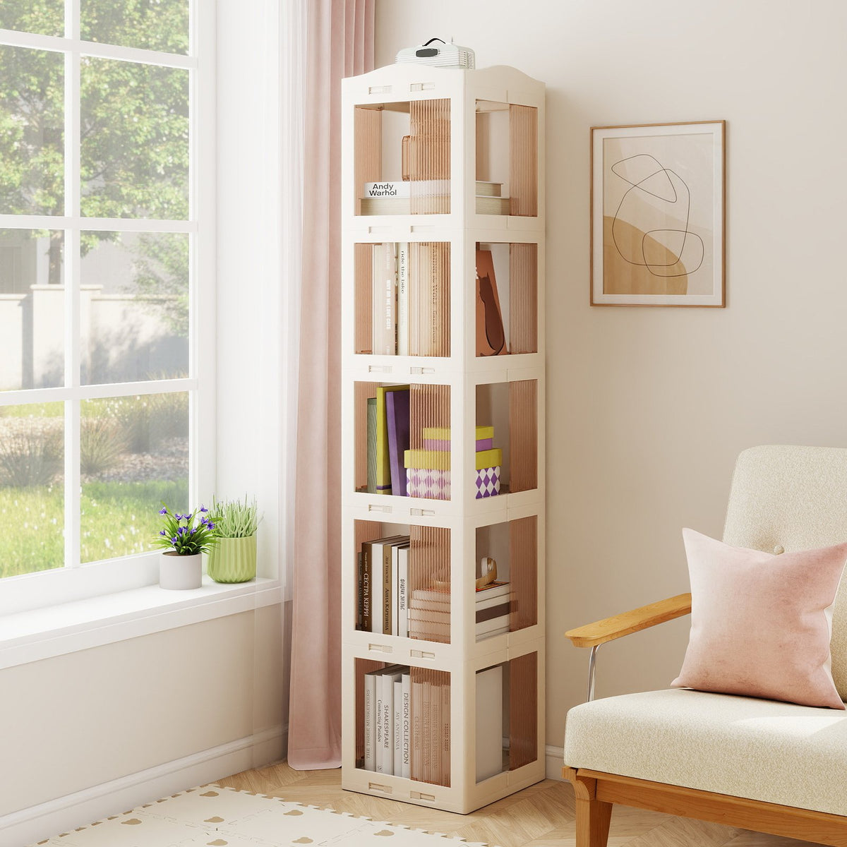 5-Tier Foldable Rotating Bookshelf 360° Spinning Bookcase with Swivel Base-White view 2