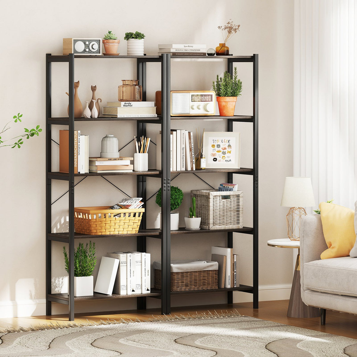 5-Tier Industrial Bookshelf Display Storage Rack with Metal Frame-Gray view 2