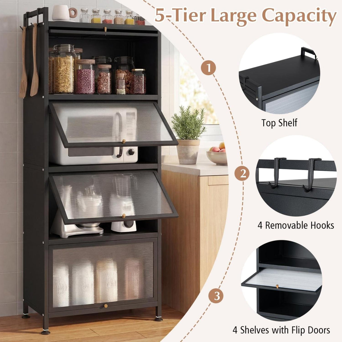 5-Tier Kitchen Baker's Rack with Flip-up PC Doors-Black view 6