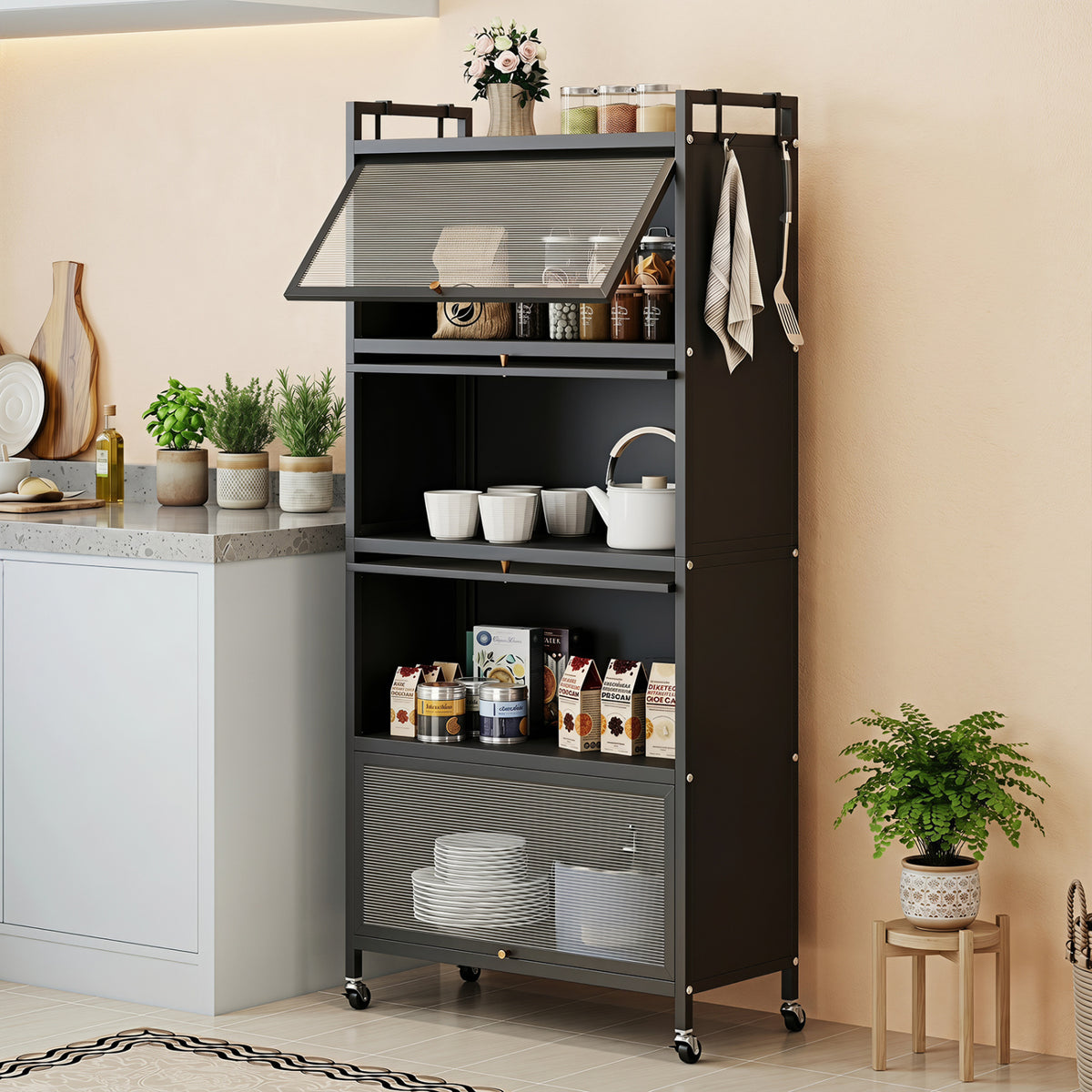5-Tier Kitchen Storage Cabinet with 4 Flip-up PC Doors Adjustable Feet and Rolling Wheels-Black view 2