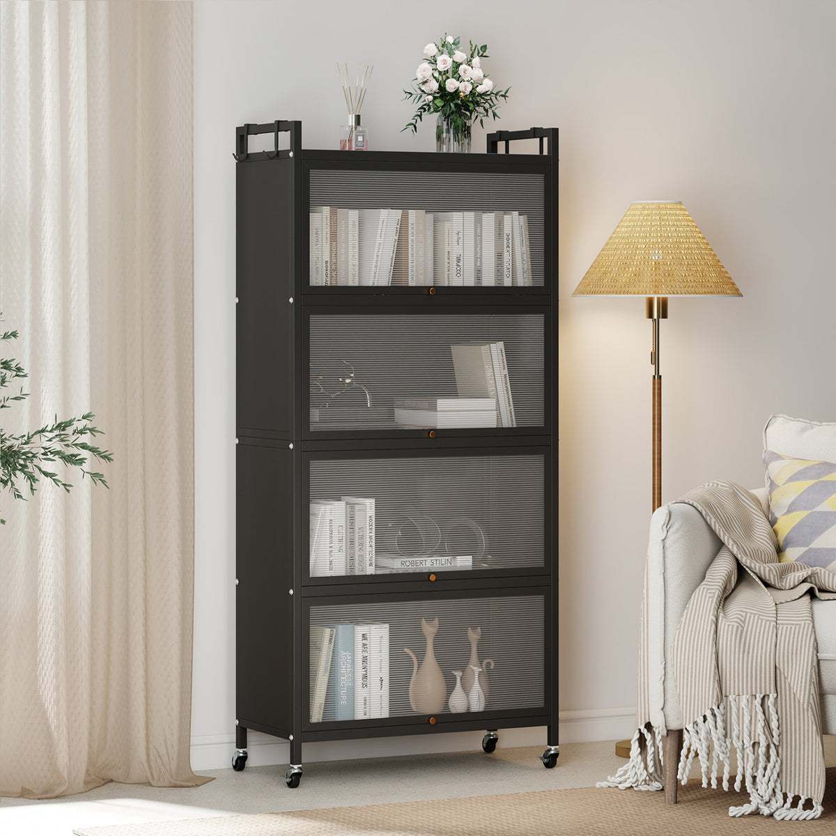 5-Tier Kitchen Storage Cabinet with 4 Flip-up PC Doors Adjustable Feet and Rolling Wheels-Black view 3