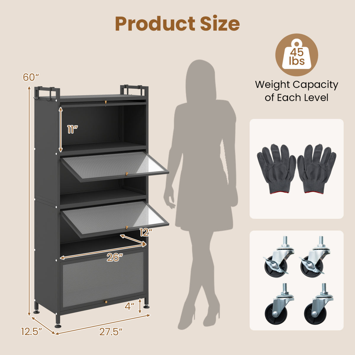 5-Tier Kitchen Storage Cabinet with 4 Flip-up PC Doors Adjustable Feet and Rolling Wheels-Black view 4
