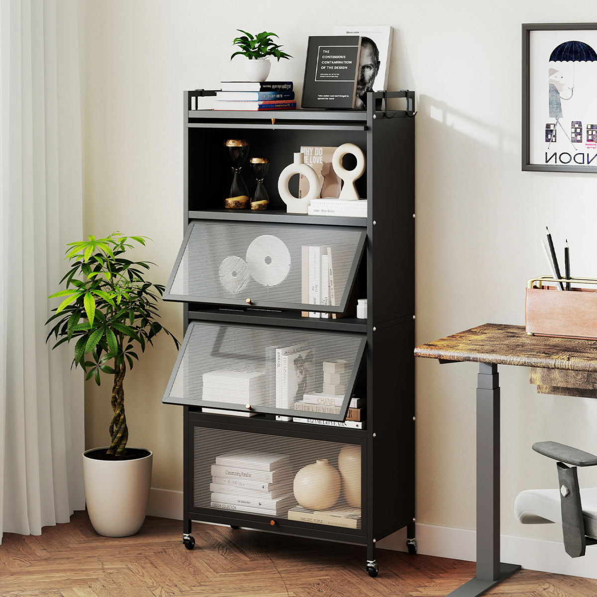 5-Tier Kitchen Storage Cabinet with 4 Flip-up PC Doors Adjustable Feet and Rolling Wheels-Black view 5