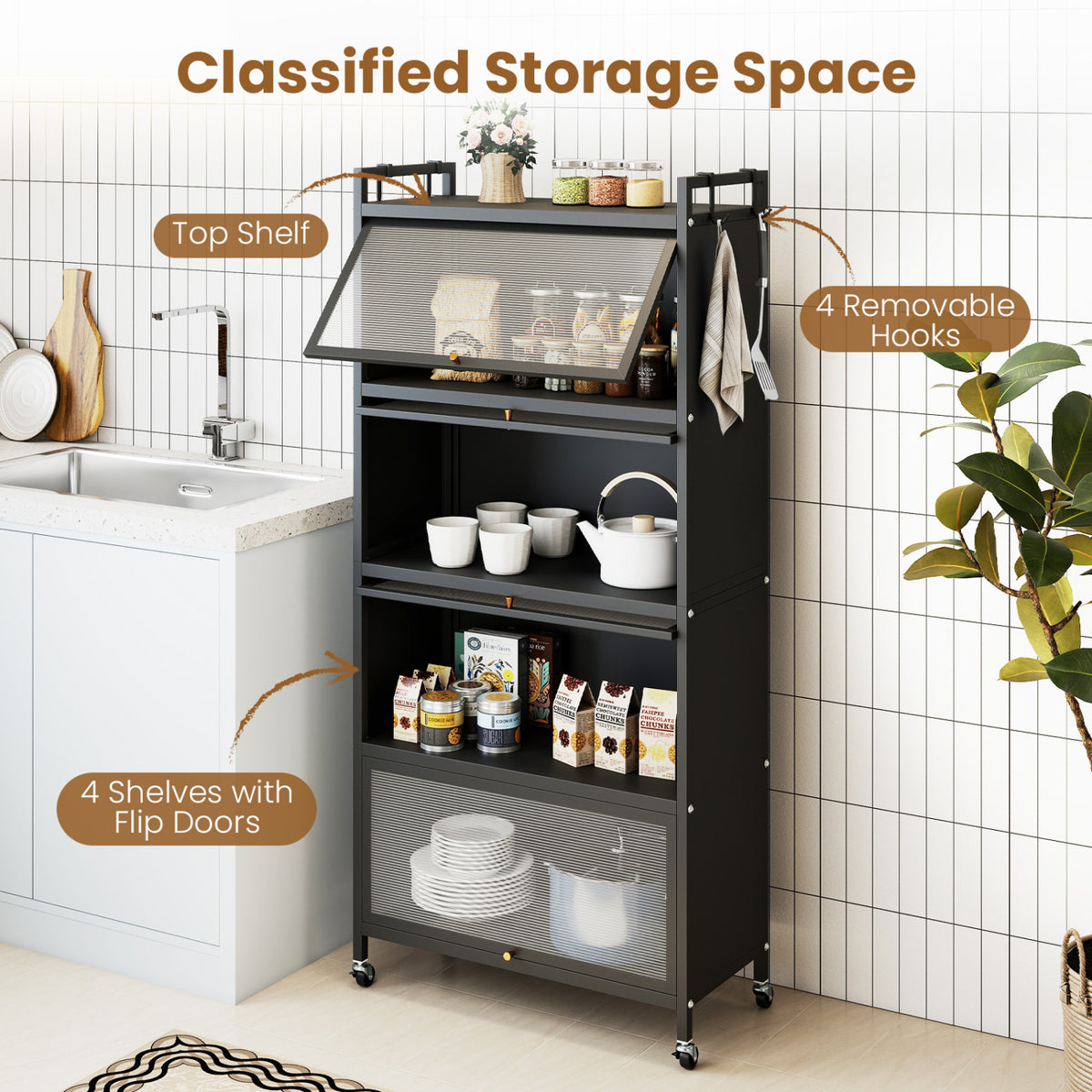 5-Tier Kitchen Storage Cabinet with 4 Flip-up PC Doors Adjustable Feet and Rolling Wheels-Black view 6