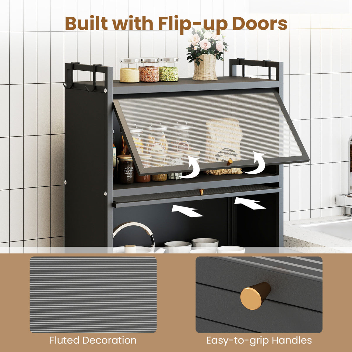 5-Tier Kitchen Storage Cabinet with 4 Flip-up PC Doors Adjustable Feet and Rolling Wheels-Black view 7