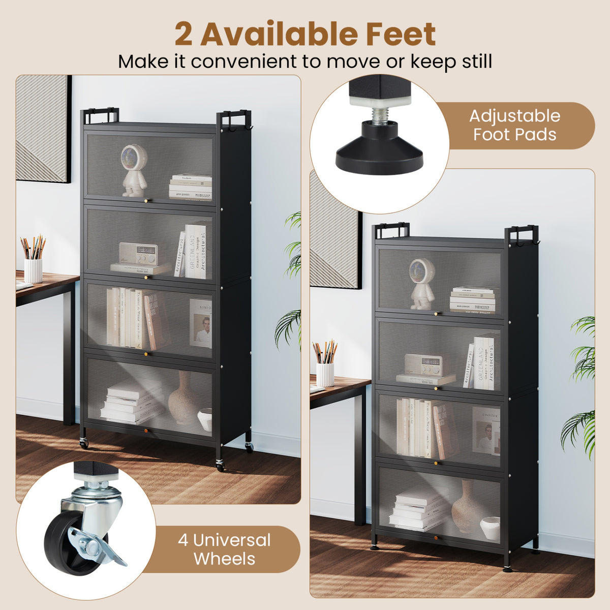 5-Tier Kitchen Storage Cabinet with 4 Flip-up PC Doors Adjustable Feet and Rolling Wheels-Black view 8