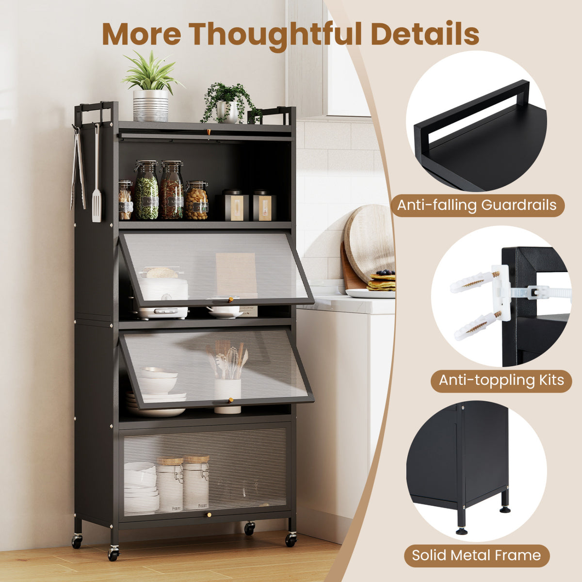 5-Tier Kitchen Storage Cabinet with 4 Flip-up PC Doors Adjustable Feet and Rolling Wheels-Black view 9
