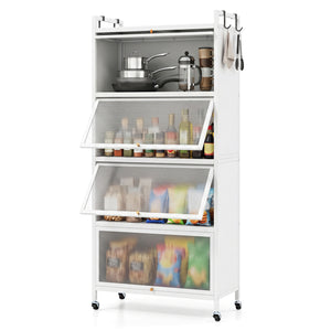 5-Tier Kitchen Storage Cabinet with 4 Flip-up PC Doors Adjustable Feet and Rolling Wheels-White