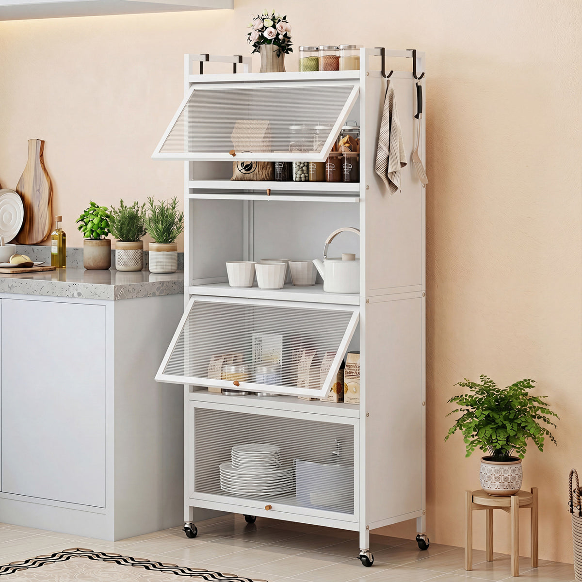 5-Tier Kitchen Storage Cabinet with 4 Flip-up PC Doors Adjustable Feet and Rolling Wheels-White view 2