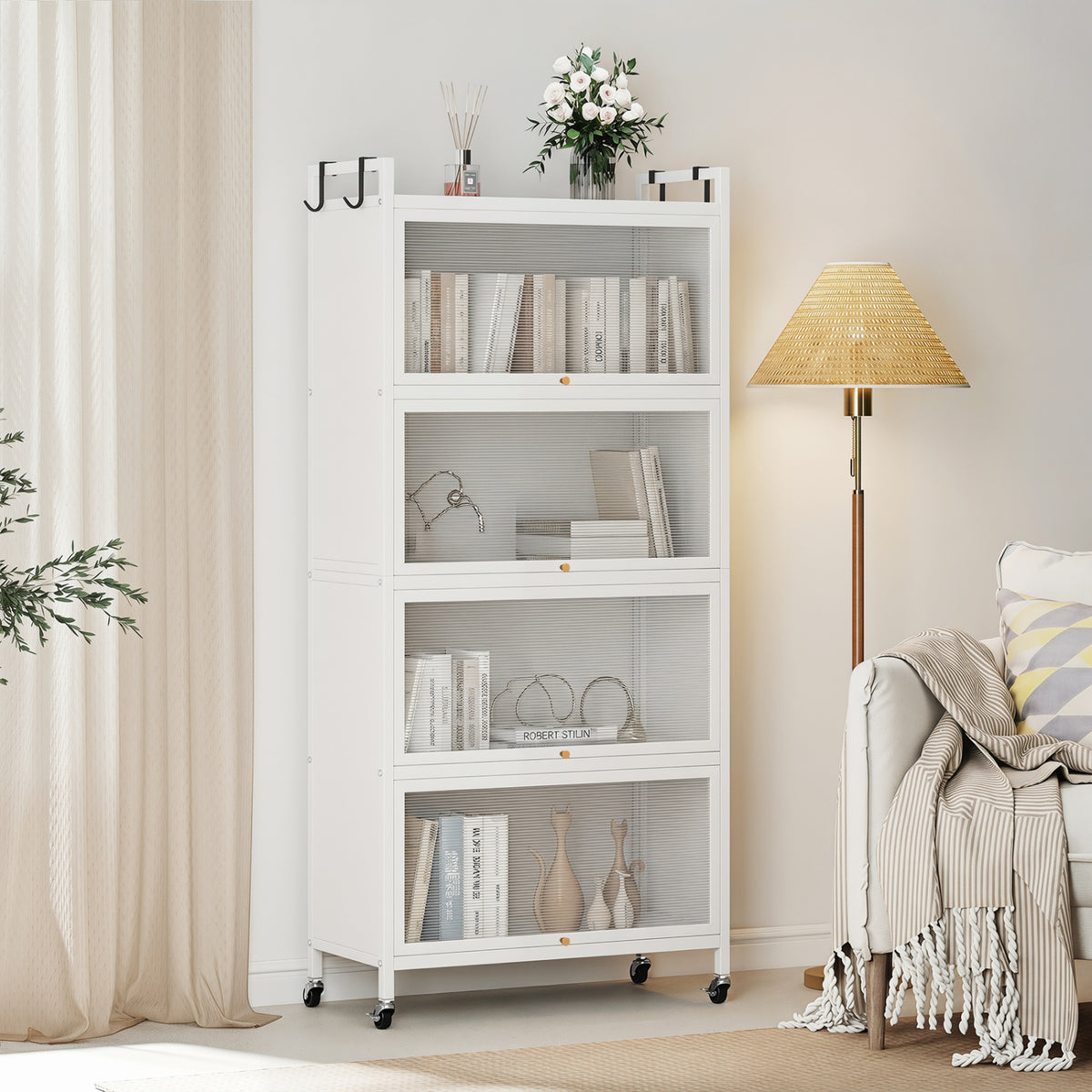 5-Tier Kitchen Storage Cabinet with 4 Flip-up PC Doors Adjustable Feet and Rolling Wheels-White view 3