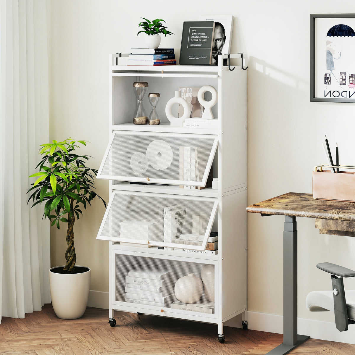 5-Tier Kitchen Storage Cabinet with 4 Flip-up PC Doors Adjustable Feet and Rolling Wheels-White view 5