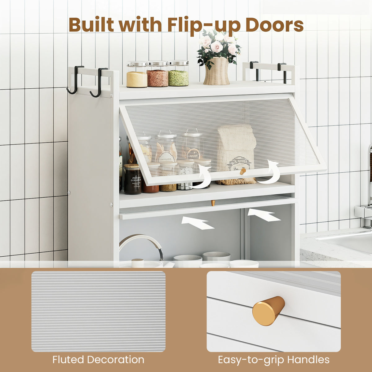 5-Tier Kitchen Storage Cabinet with 4 Flip-up PC Doors Adjustable Feet and Rolling Wheels-White view 7