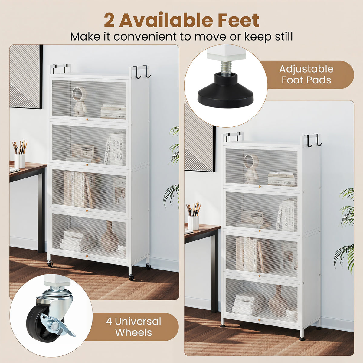 5-Tier Kitchen Storage Cabinet with 4 Flip-up PC Doors Adjustable Feet and Rolling Wheels-White view 8