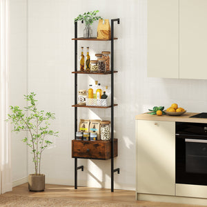 5-Tier Ladder Bookcase with Drawer and Metal Frame for Study Home Office-Rustic Brown view 2