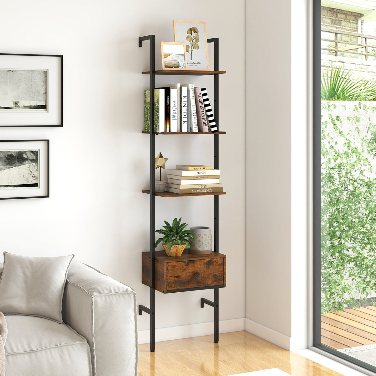 5-Tier Ladder Bookcase with Drawer and Metal Frame for Study Home Office-Rustic Brown view 3