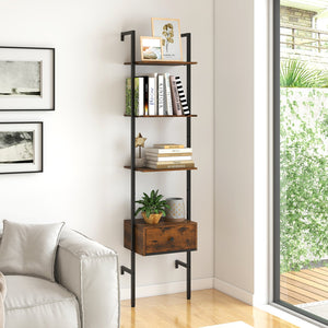 5-Tier Ladder Bookcase with Drawer and Metal Frame for Study Home Office-Rustic Brown view 3
